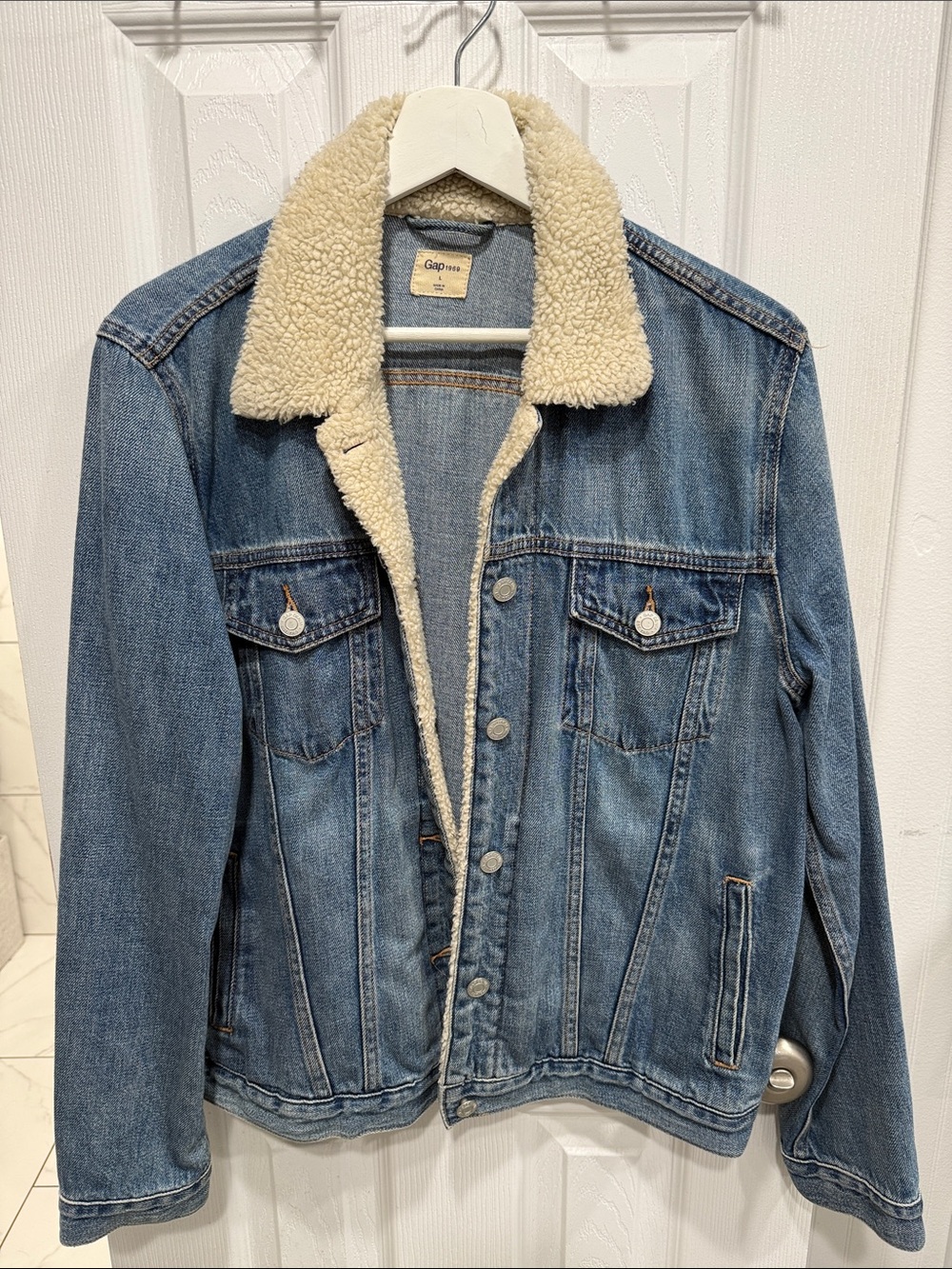 GAP Blue Denim Jacket with Cream Sherpa Collar
